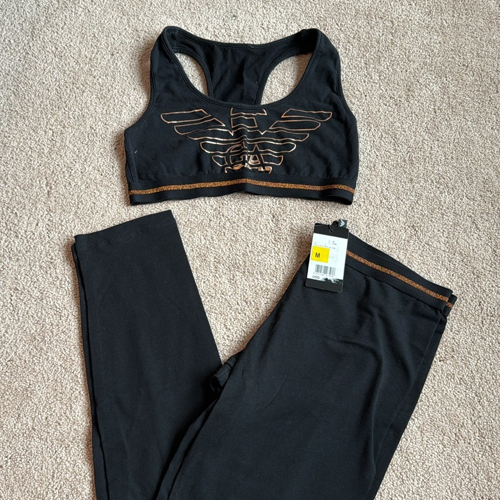 Emporio Armani Black and Gold Sport Bra And Leggings Set